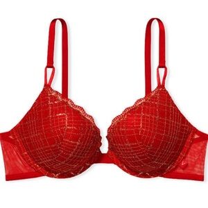 NWT Victoria’s Secret Lightly Lined Bra in Red Gold Shimmer Mesh Size 36D